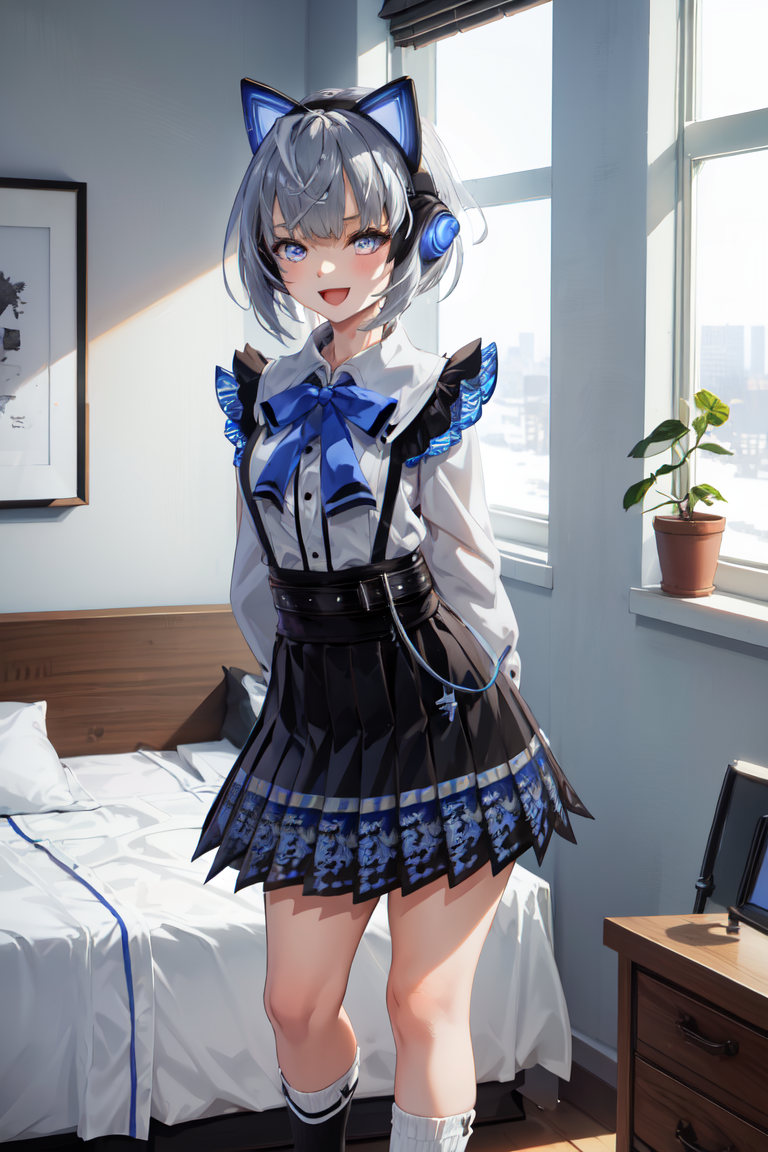 04981-2857587254-masterpiece, best quality, absurdres, perfect anatomy, 1girl, solo, vestia3rd, headphones, white shirt, blue bow, long sleeves,.png